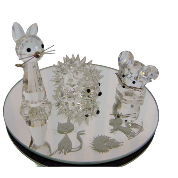 4PC Swarovski Crystal HEDGEHOG + CAT & MOUSE Figurines Starter Set Mirror 7606